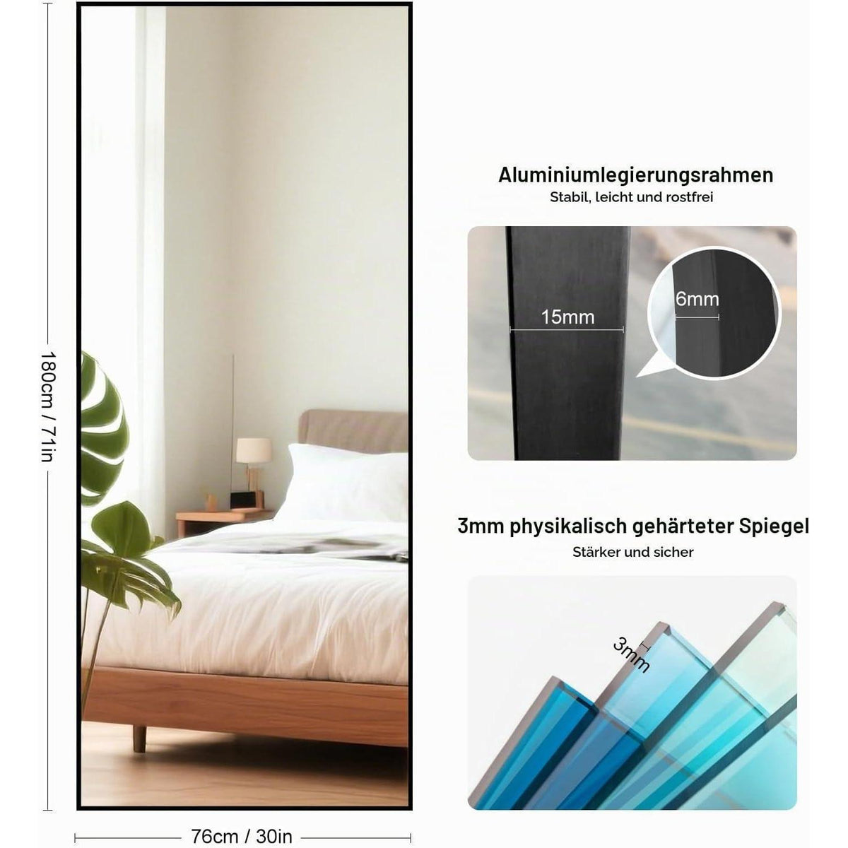Großer Ganzkörperspiegel 180x76cm Schwarz – Stand- & Wandspiegel