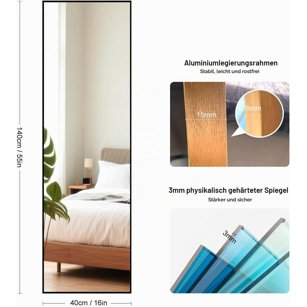 Ganzkörperspiegel 140x40cm Schwarz – Stehend, Hängend, Anlehnen