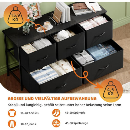 Kommode mit 5 Stoffschubladen – Schwarz, 100x30x55 cm