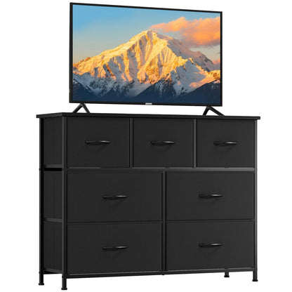 Kommode mit 7 Stoffschubladen – Schwarz, 100x30x77 cm