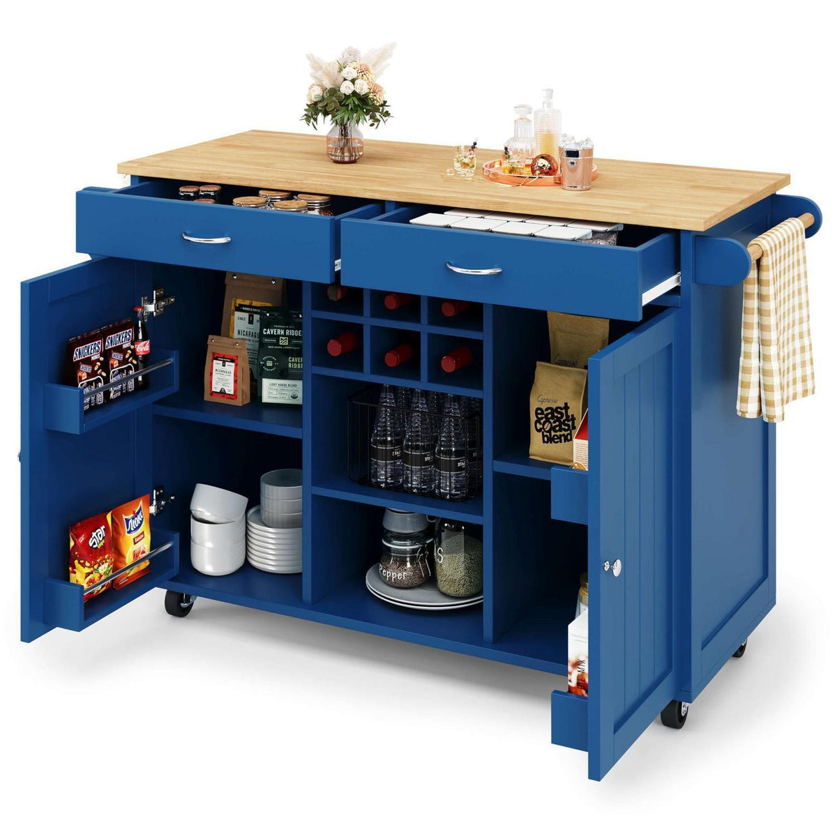 Kücheninsel blau mit Stauraum & Rollen – 102x45x92cm