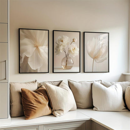 3er Set Boho Bilder Wanddeko Beige Blumen Poster 40x50cm