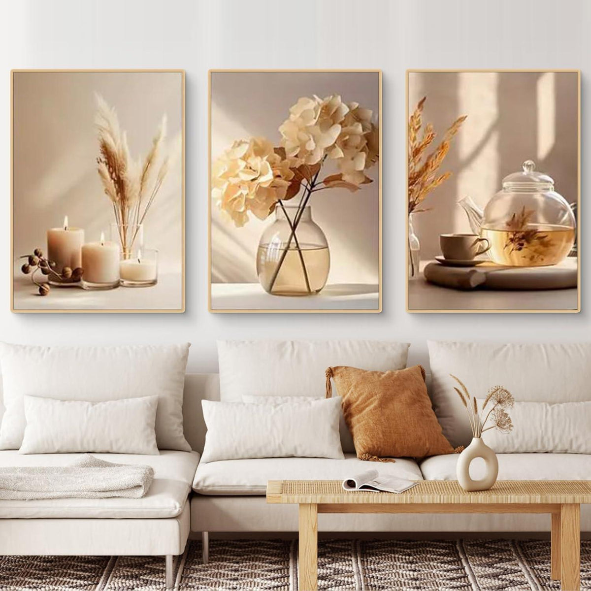 3-teiliges Boho Bilder Set Beige Blume Wandbilder Deko