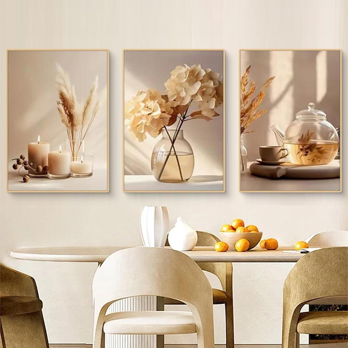 3-teiliges Boho Bilder Set Beige Blume Wandbilder Deko