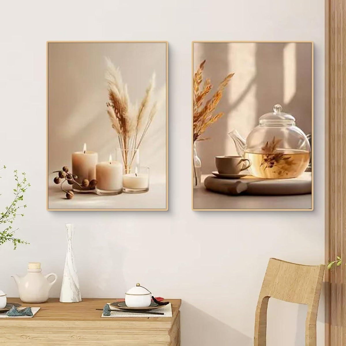 3-teiliges Boho Bilder Set Beige Blume Wandbilder Deko