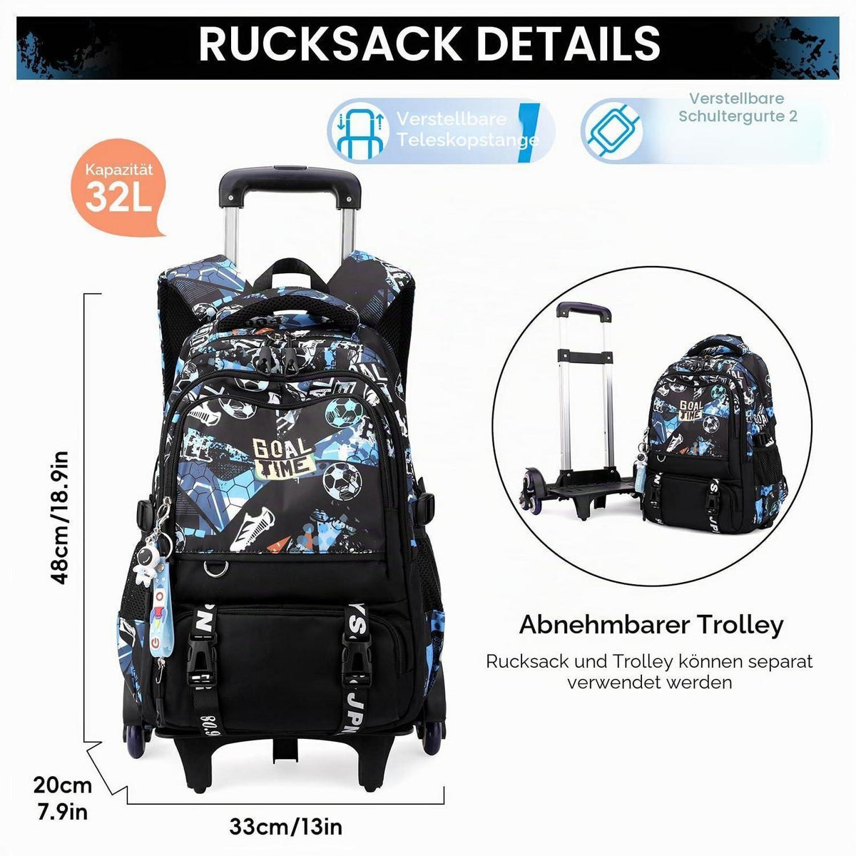 Schulrucksack Trolley für Jungen – Blauer Fußball Daypack mit Rollen