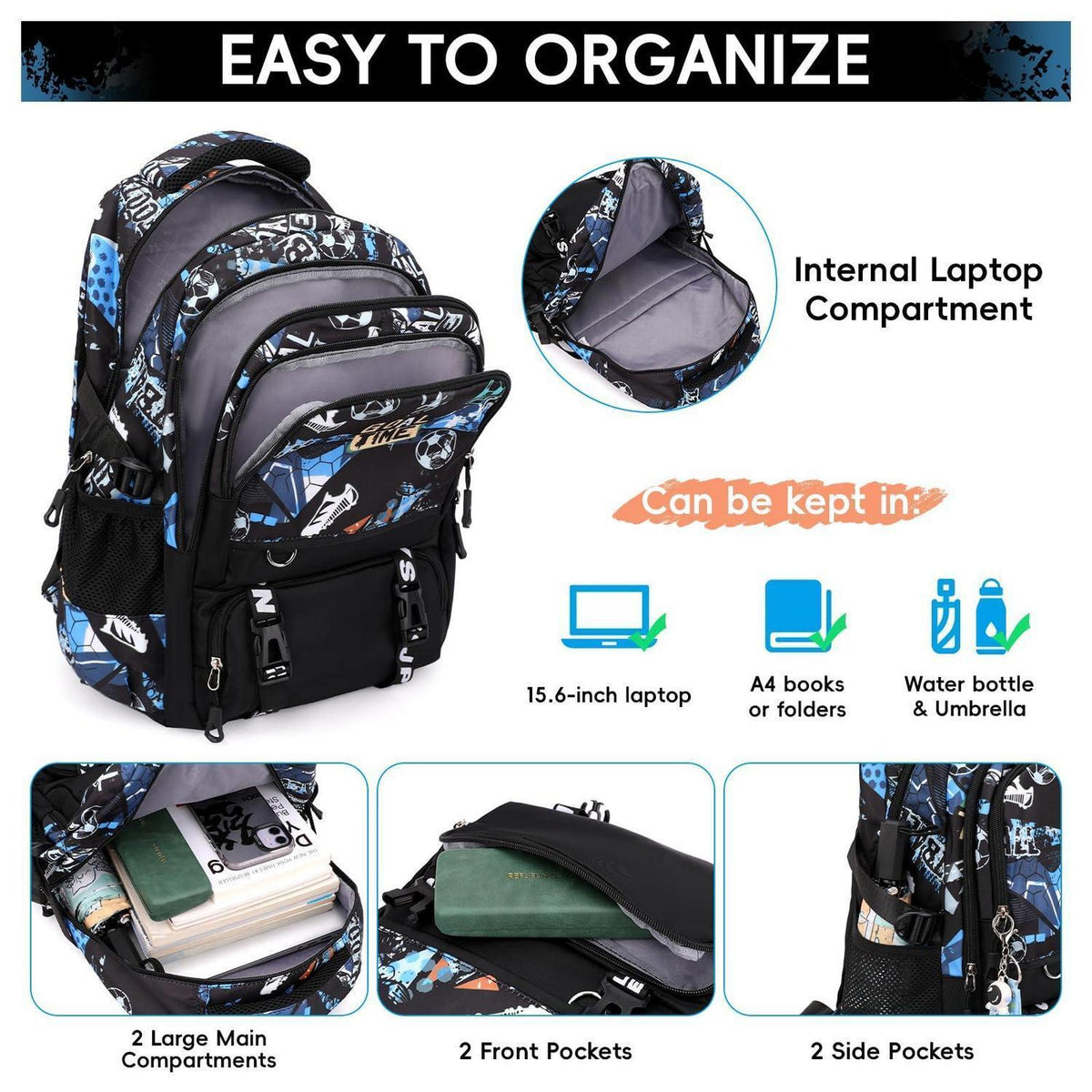 Schulrucksack Trolley für Jungen – Blauer Fußball Daypack mit Rollen