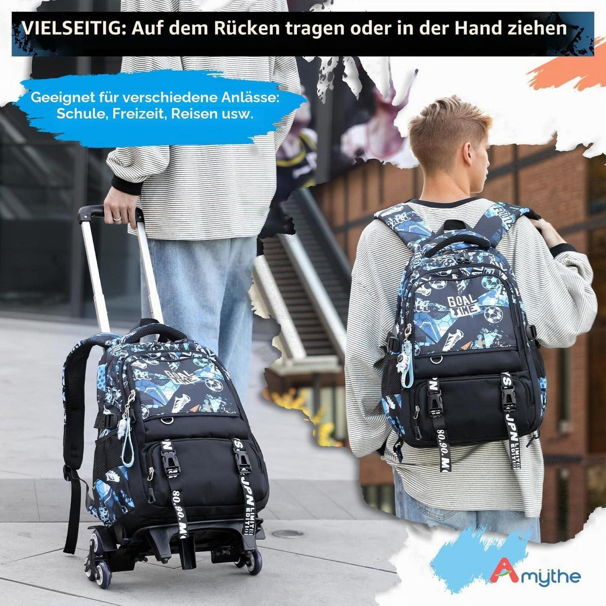 Schulrucksack Trolley für Jungen – Blauer Fußball Daypack mit Rollen