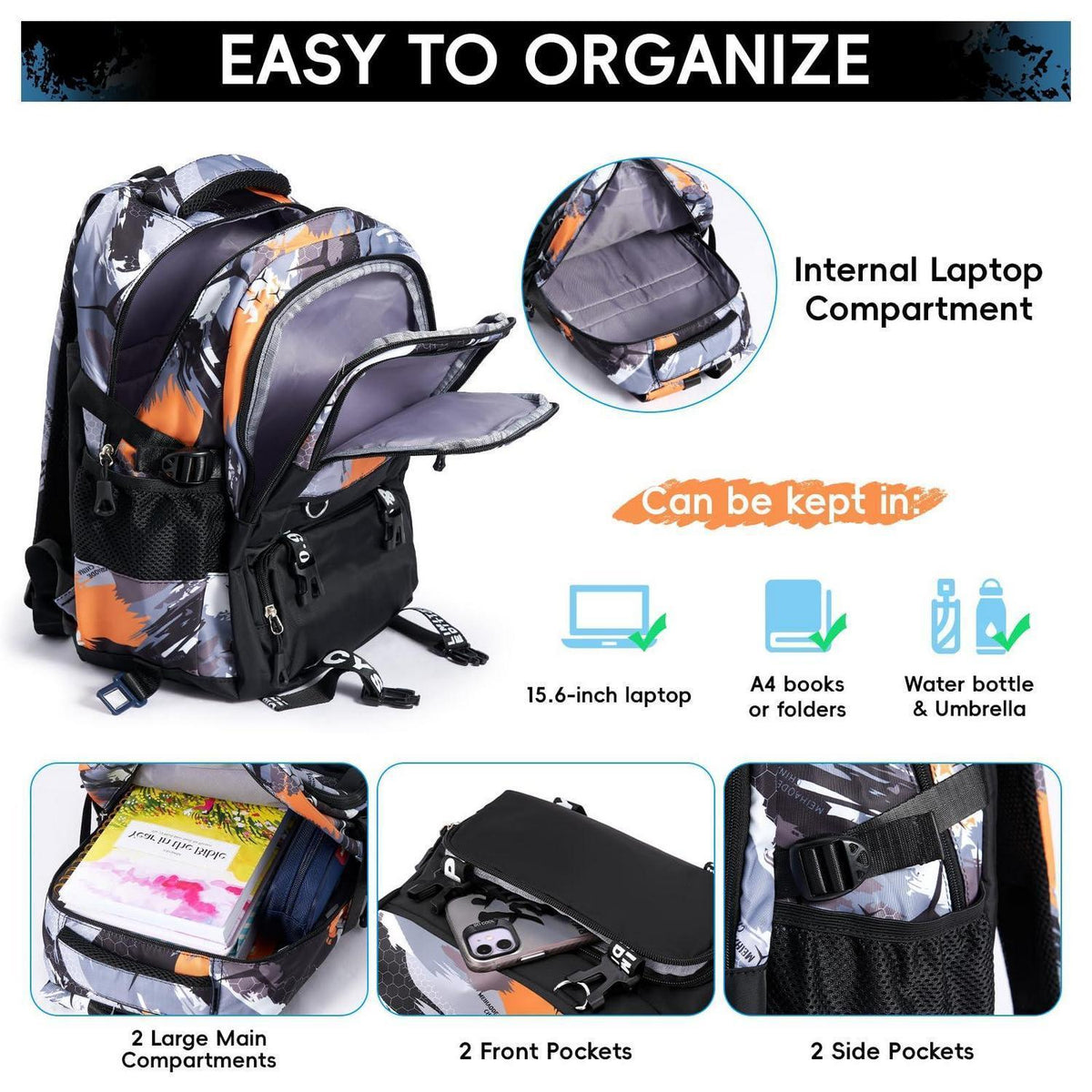 Schulrucksack Trolley Jungen Orange Tarnfarbe mit Rollen