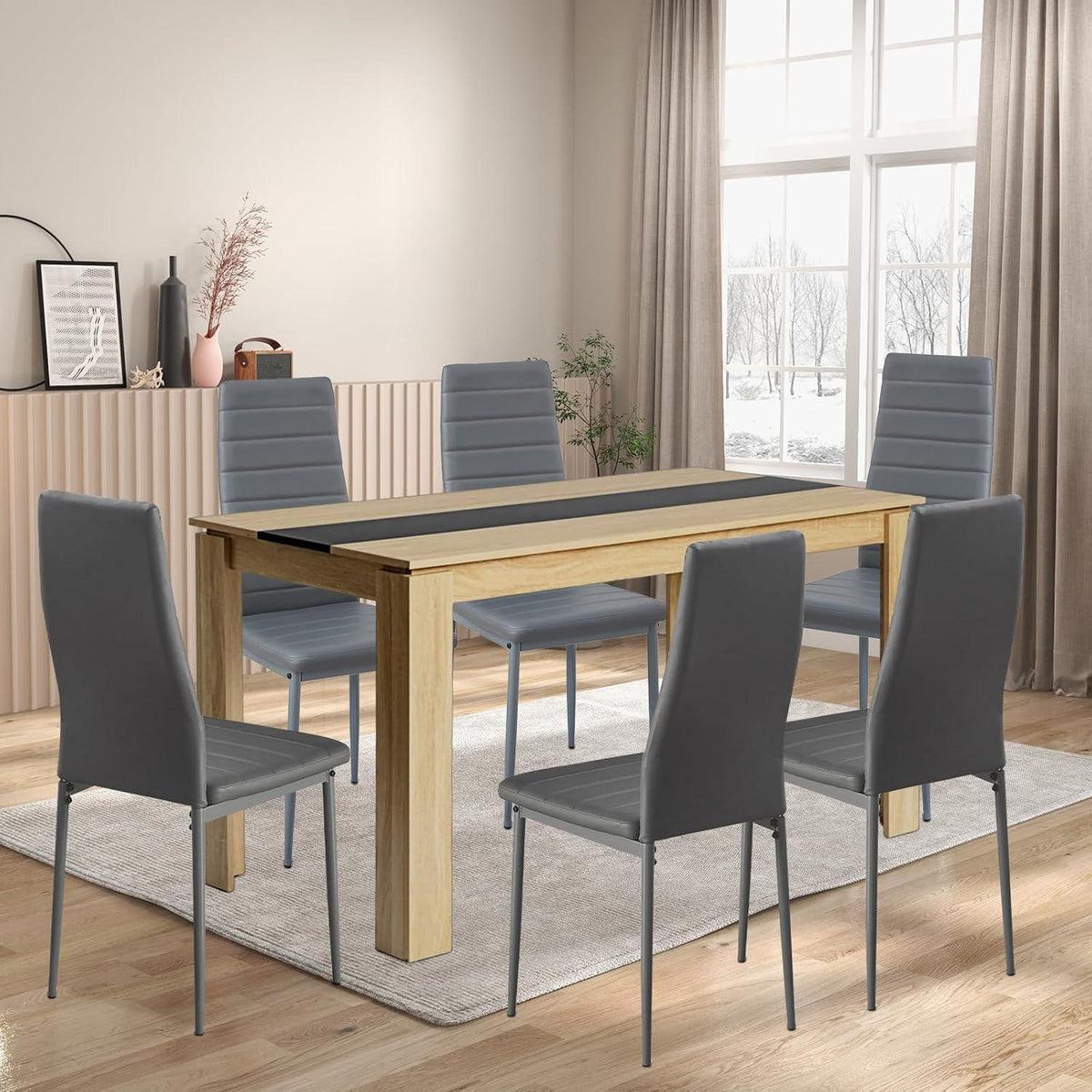 Esszimmergruppe 6 Personen – Holztisch 140x70cm & Dunkelgraue Stühle