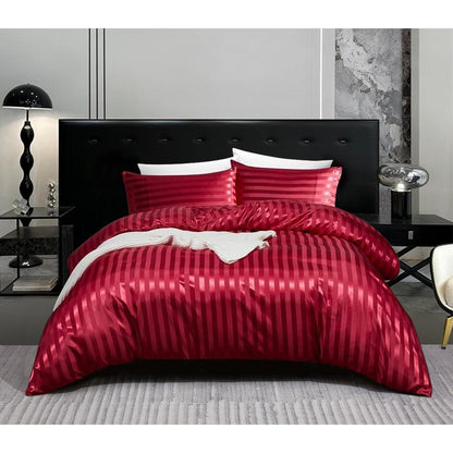 Satin Bettwäsche Set 135x200cm, 4-teilig, Rot gestreift