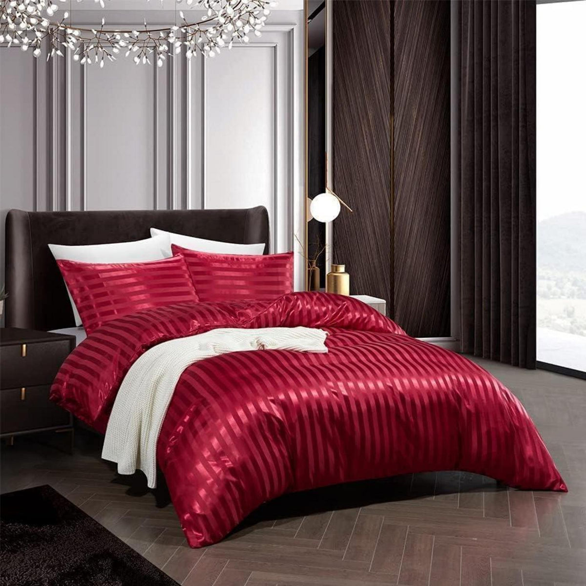 Satin Bettwäsche Set 135x200cm, 4-teilig, Rot gestreift