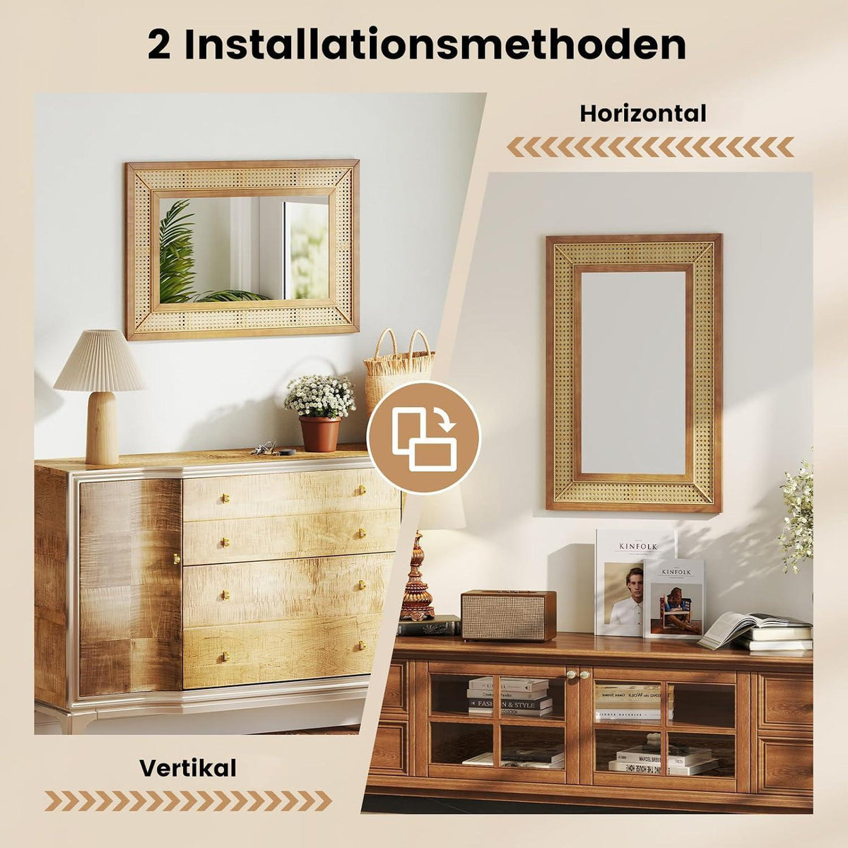 Rattan Wandspiegel – Boho Badspiegel mit Holzrahmen 66x36cm