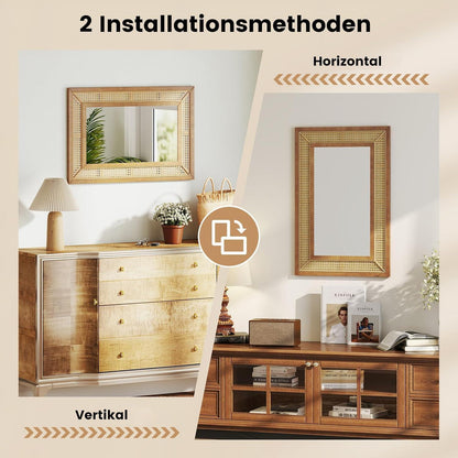 Rattan Wandspiegel – Boho Badspiegel mit Holzrahmen 66x36cm