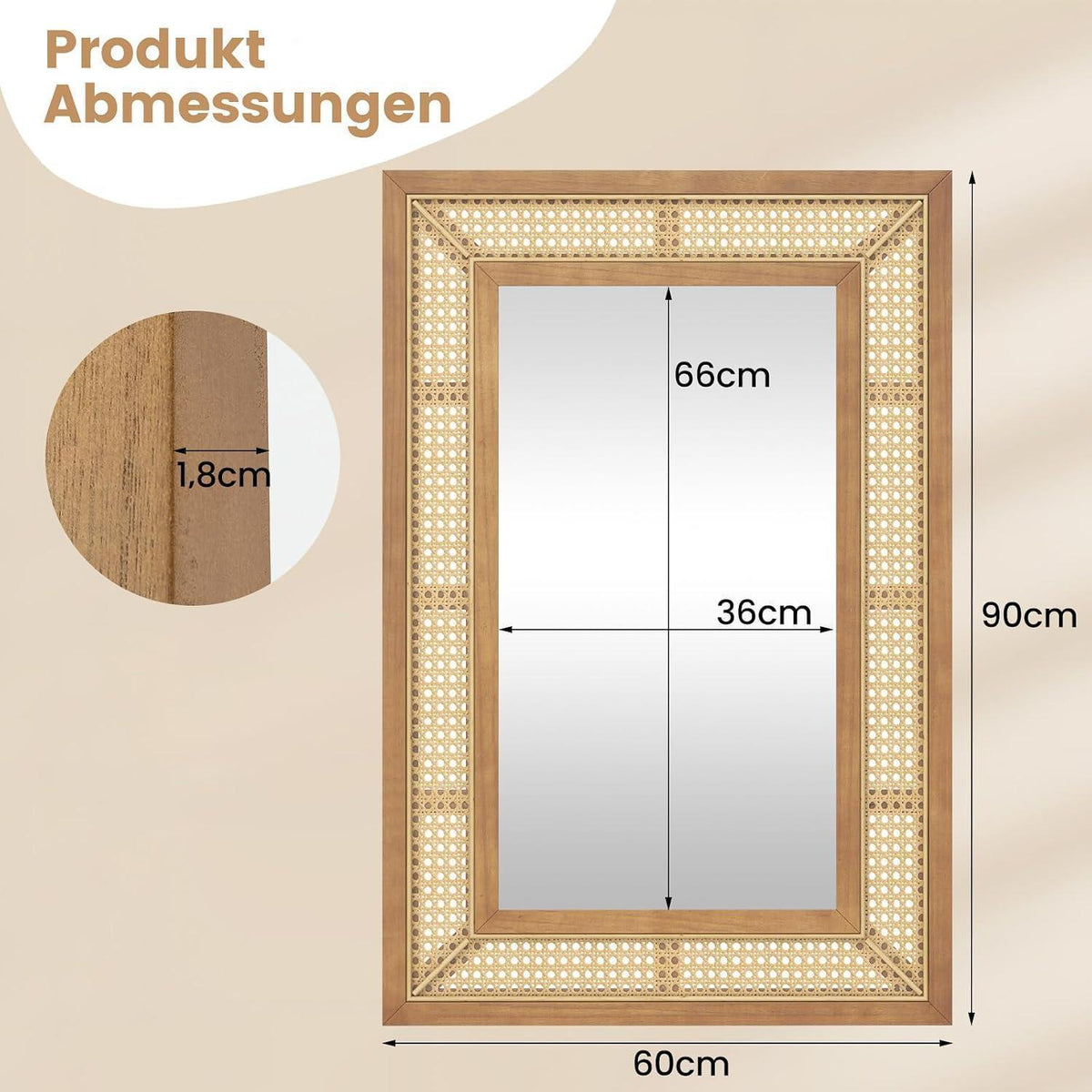 Rattan Wandspiegel – Boho Badspiegel mit Holzrahmen 66x36cm