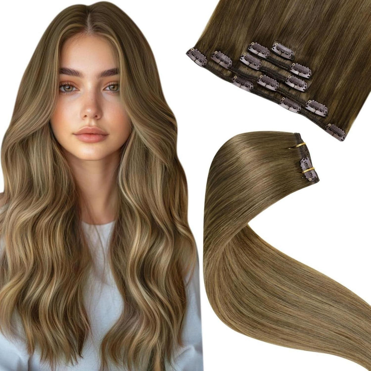 Echthaar Clip-Ins Balayage Braun Ombre 55cm