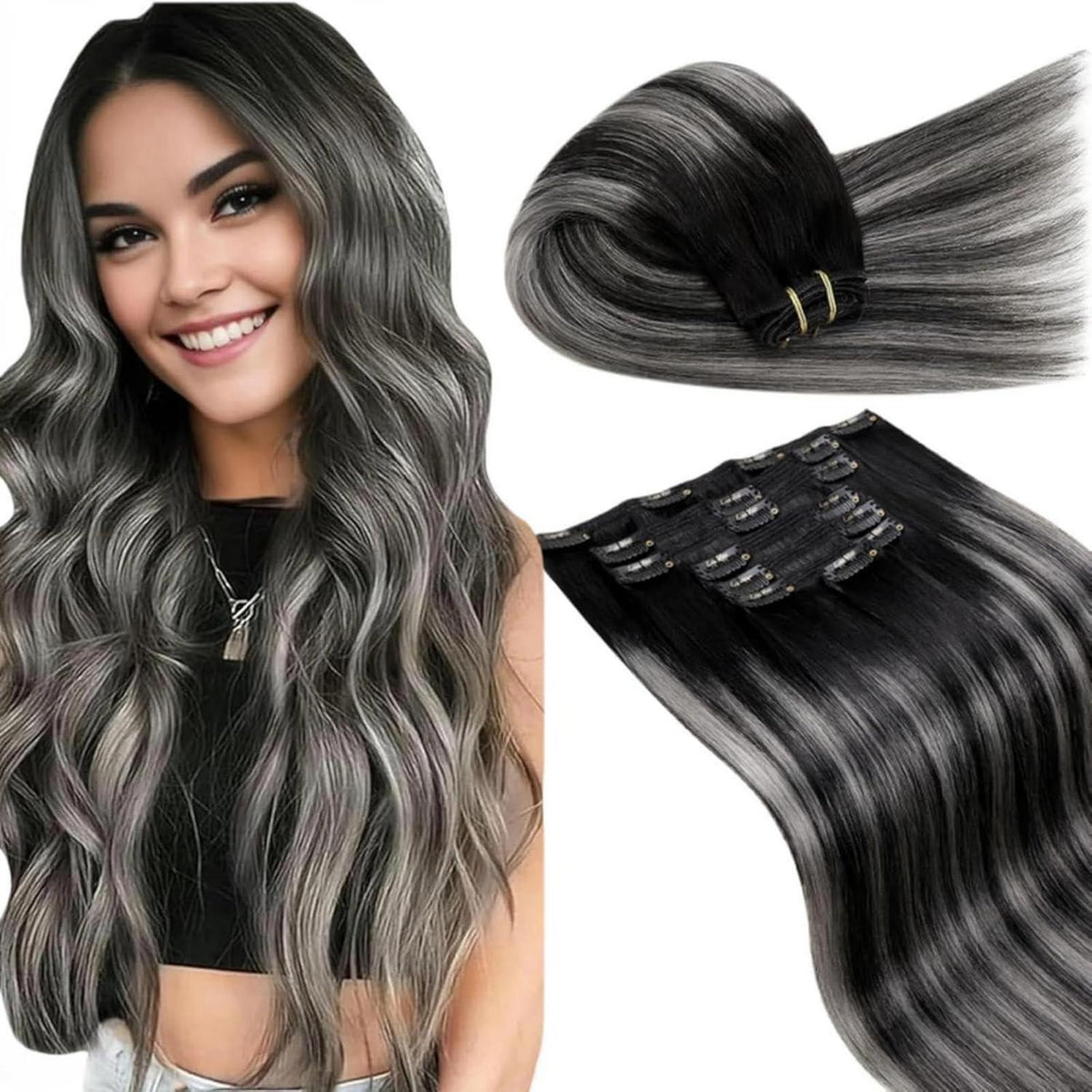 Echthaar Clip-in Extensions Schwarz Silber Ombre 40cm