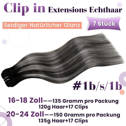 Echthaar Clip-in Extensions Schwarz Silber Ombre 40cm