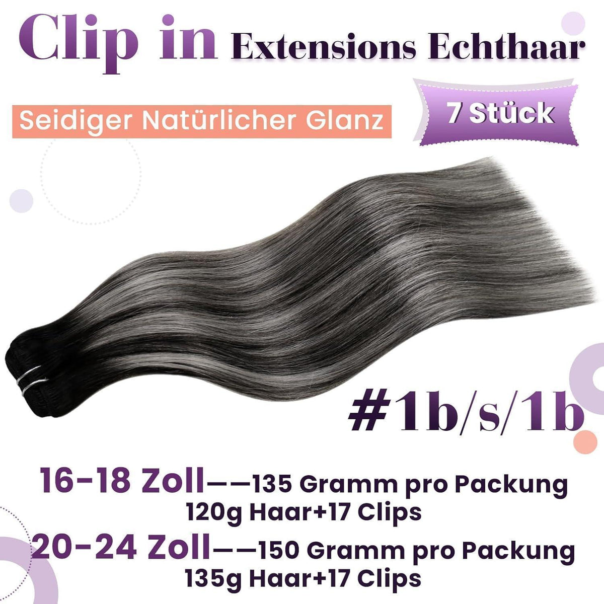 Echthaar Clip-in Extensions Schwarz Ombre Silber 45cm