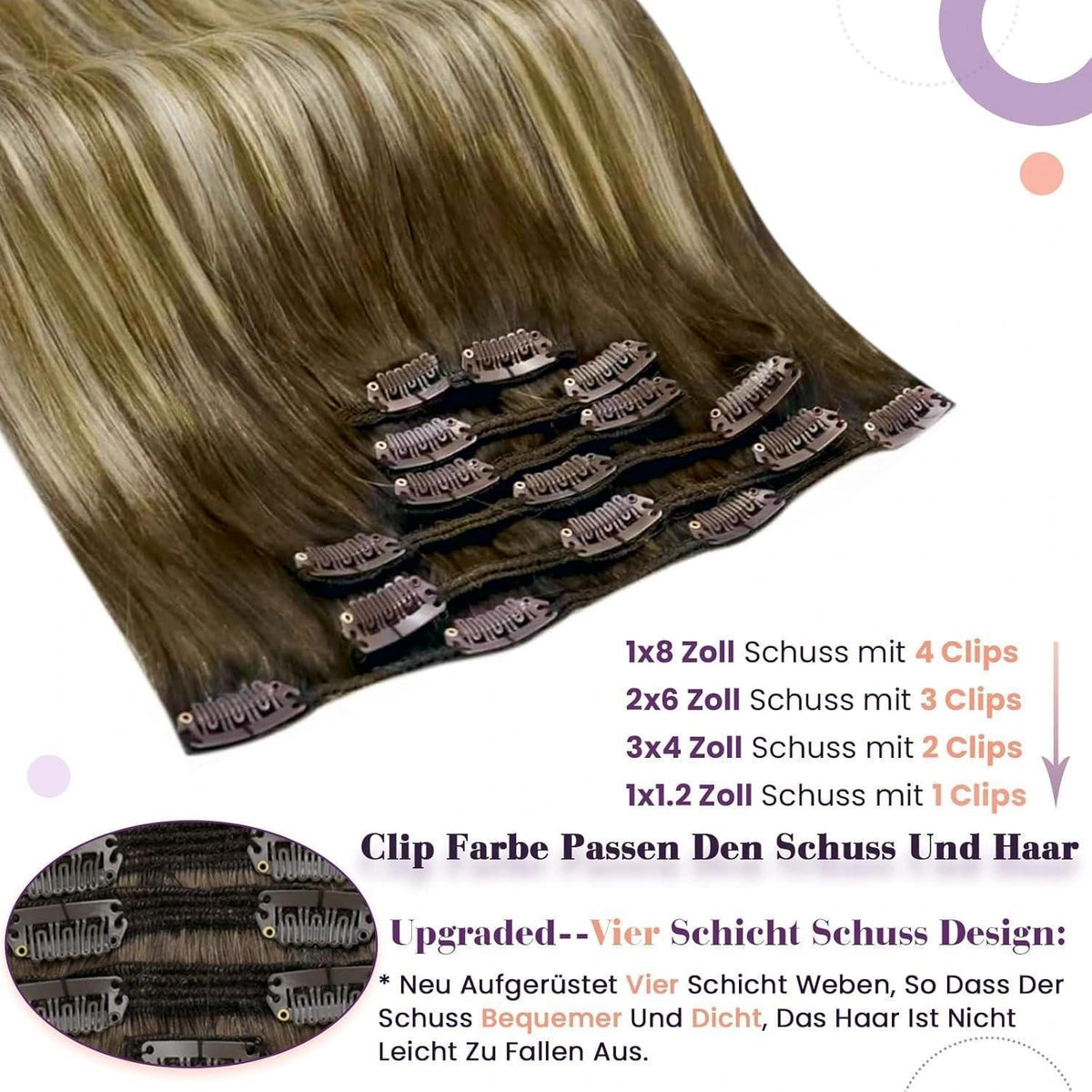 Echthaar Clip-in Extensions Braun Balayage 55cm