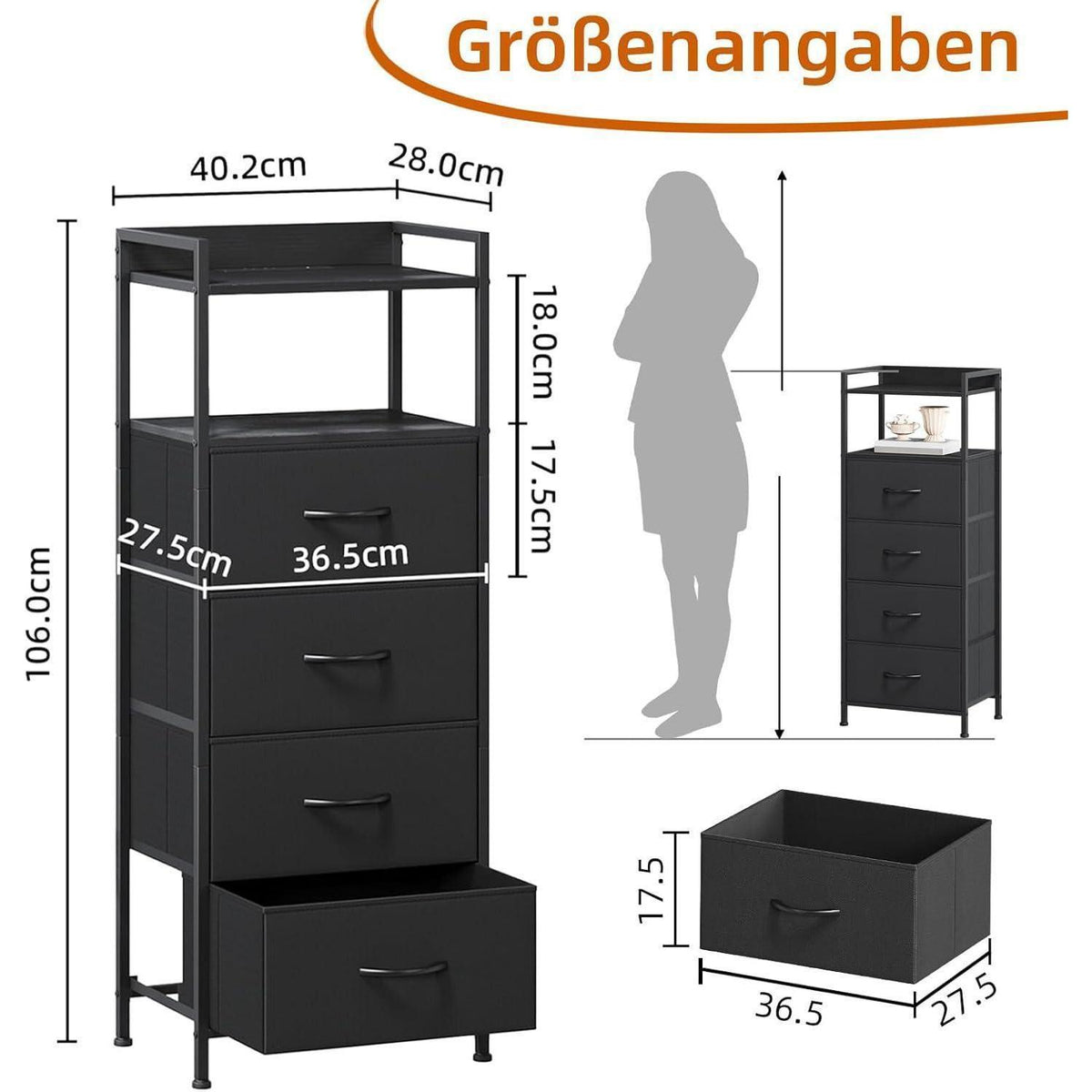 Kommode mit 4 Stoffschubladen – Schwarz, 106cm hoch