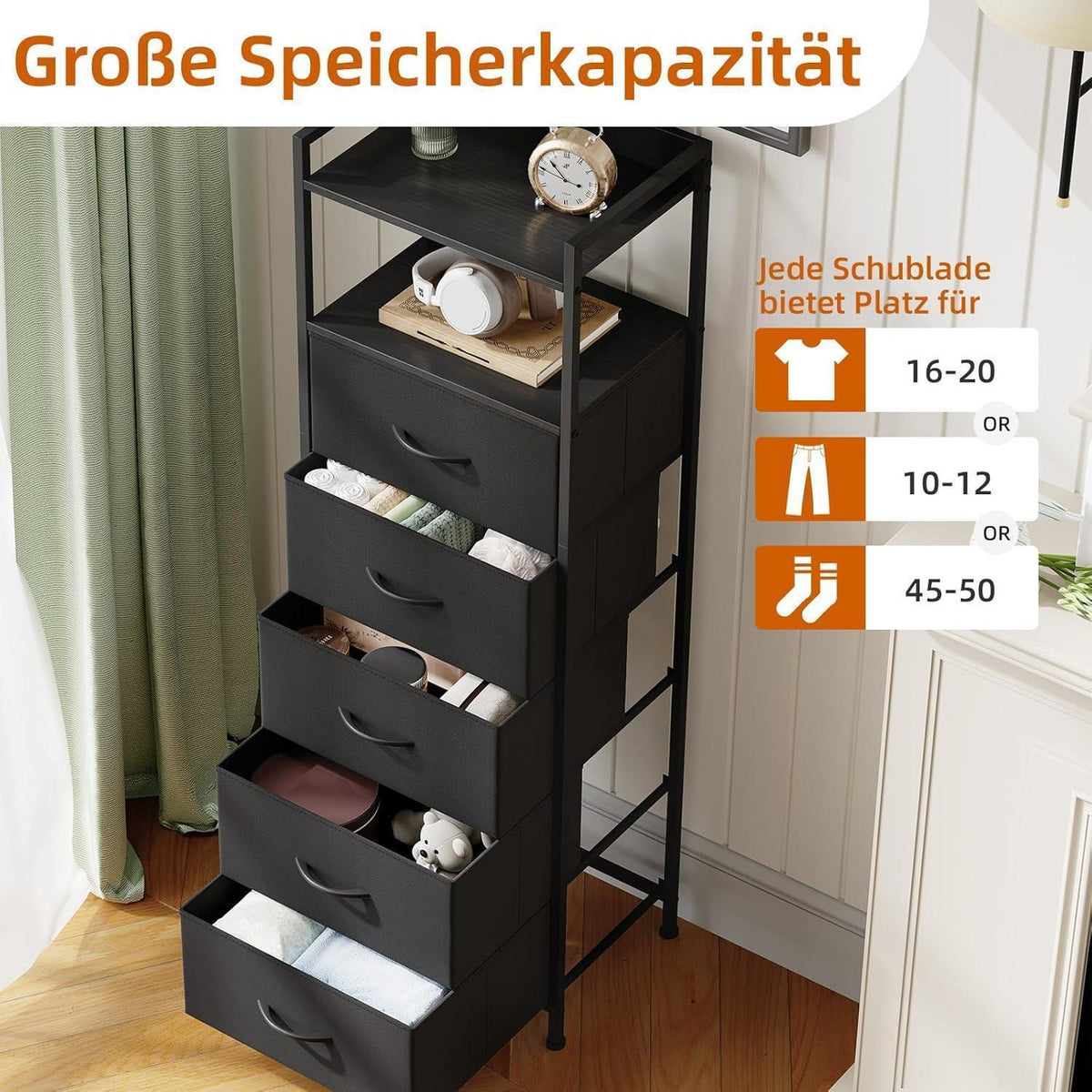 Hohe Kommode mit 5 Stoffschubladen – Schlafzimmer & Wohnzimmer