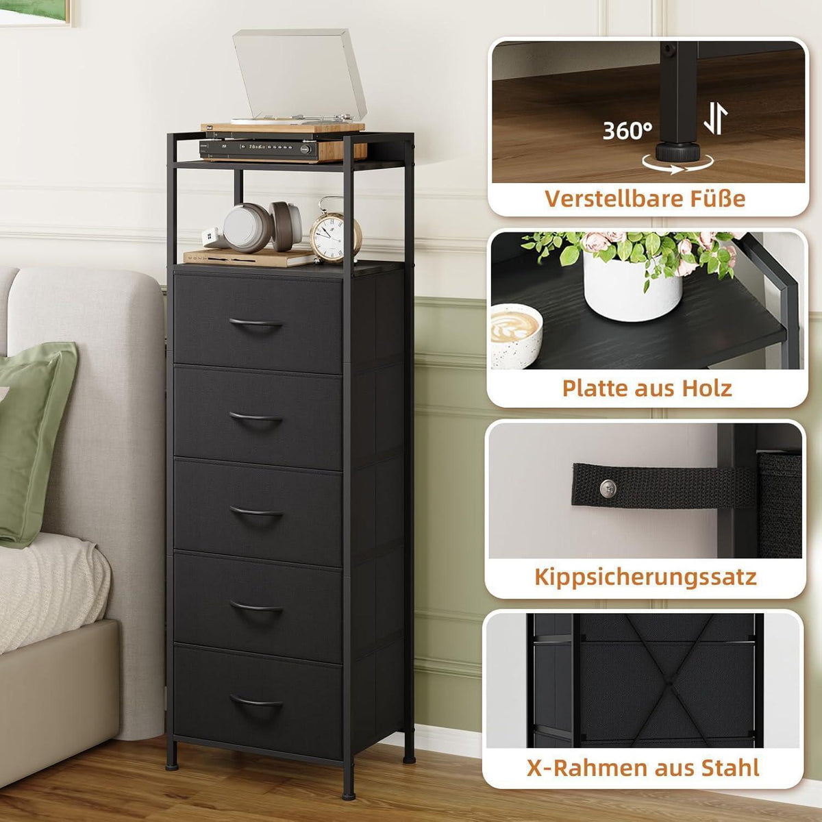 Hohe Kommode mit 5 Stoffschubladen – Schlafzimmer & Wohnzimmer
