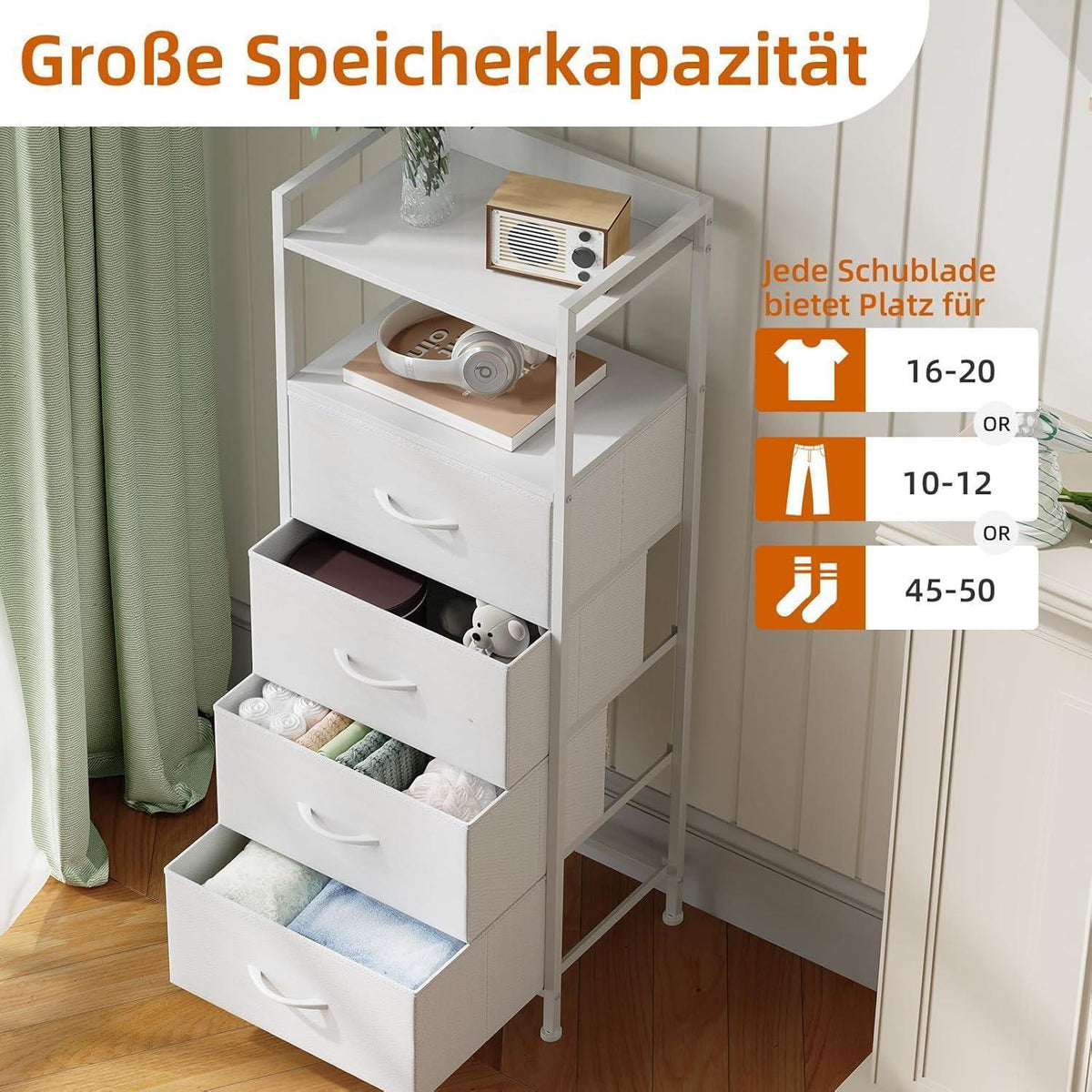 Somdot Kommode mit 4 Stoffschubladen, Weiß