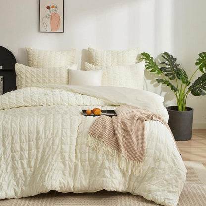 Seersucker Bettwäsche Set 135x200cm Beige Kariert – Atmungsaktiv & Weich