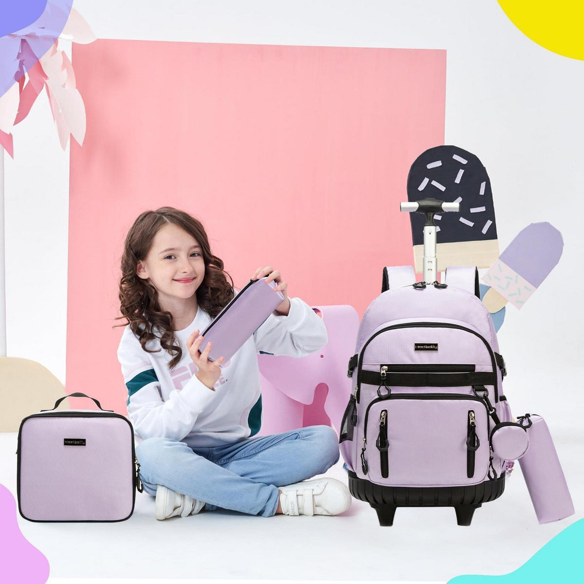 Schultrolley Rucksack Mädchen Lila mit Rollen & Lunchbox