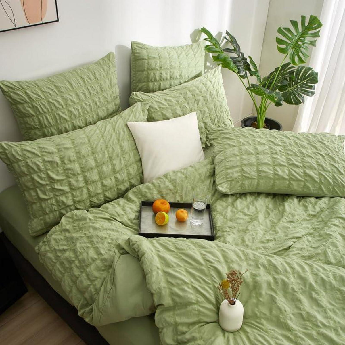 Seersucker Bettwäsche Set 135x200 Grün Kariert | Atmungsaktiv & Weich