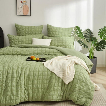 Seersucker Bettwäsche Set 135x200 Grün Kariert | Atmungsaktiv & Weich