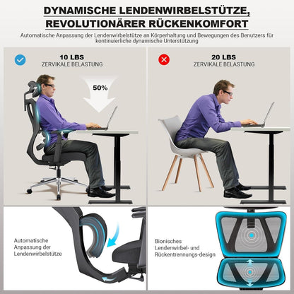Bürostuhl, Ergonomisch, Lordosenstütze, Kopfstütze, EN 1335, 150KG
