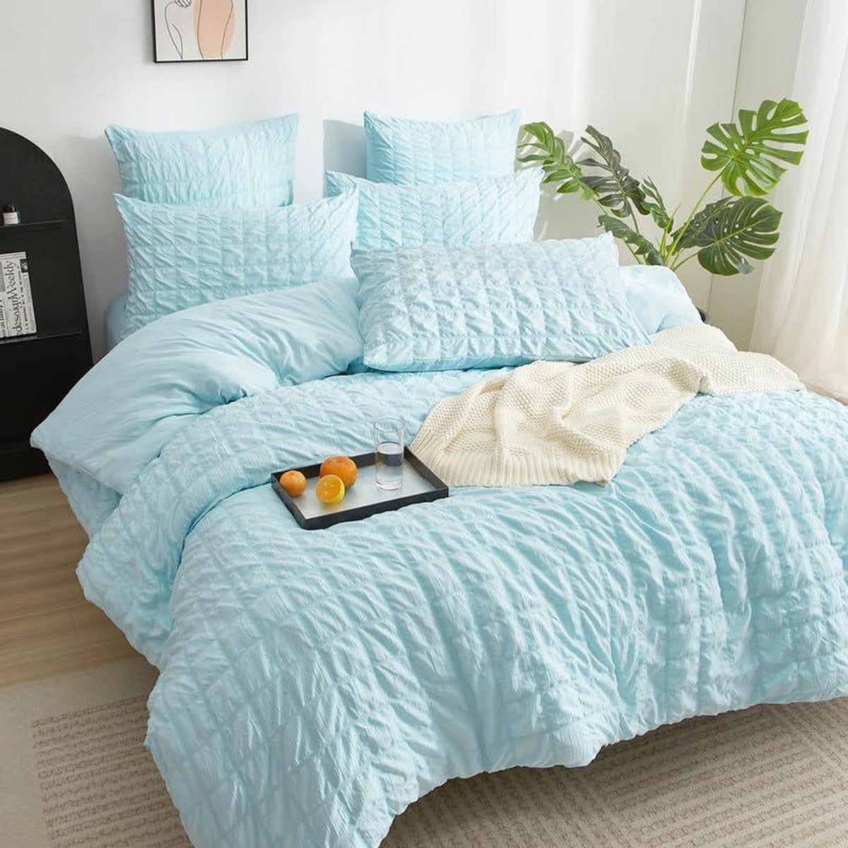 Seersucker Bettwäsche Set 135x200cm Blau – Atmungsaktiv & Weich