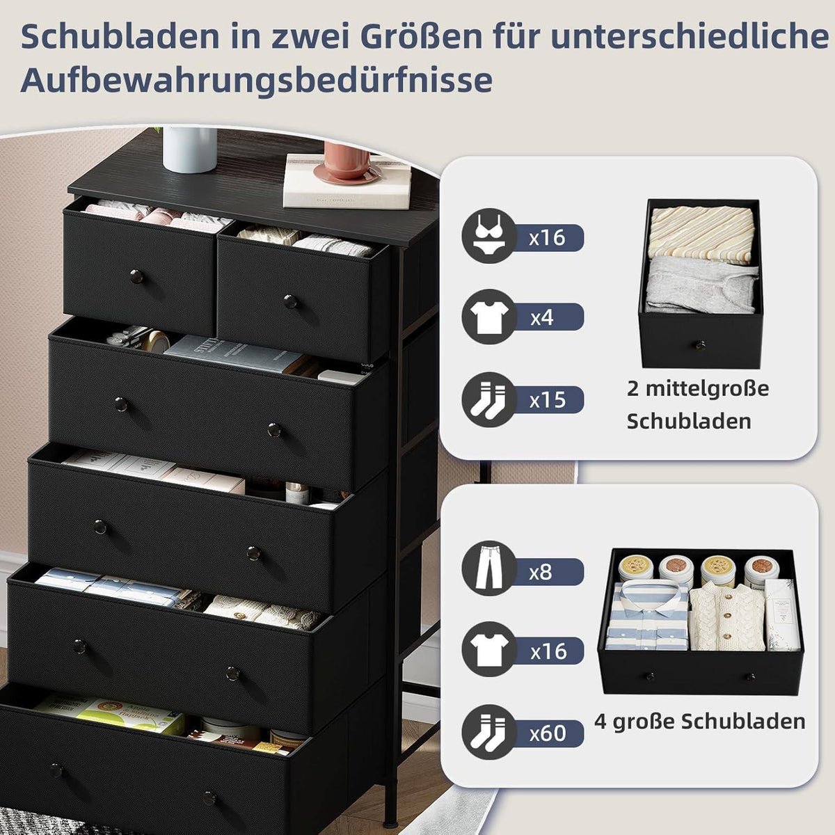 Kommode mit 6 Schubladen – Stoffkommode Schwarz