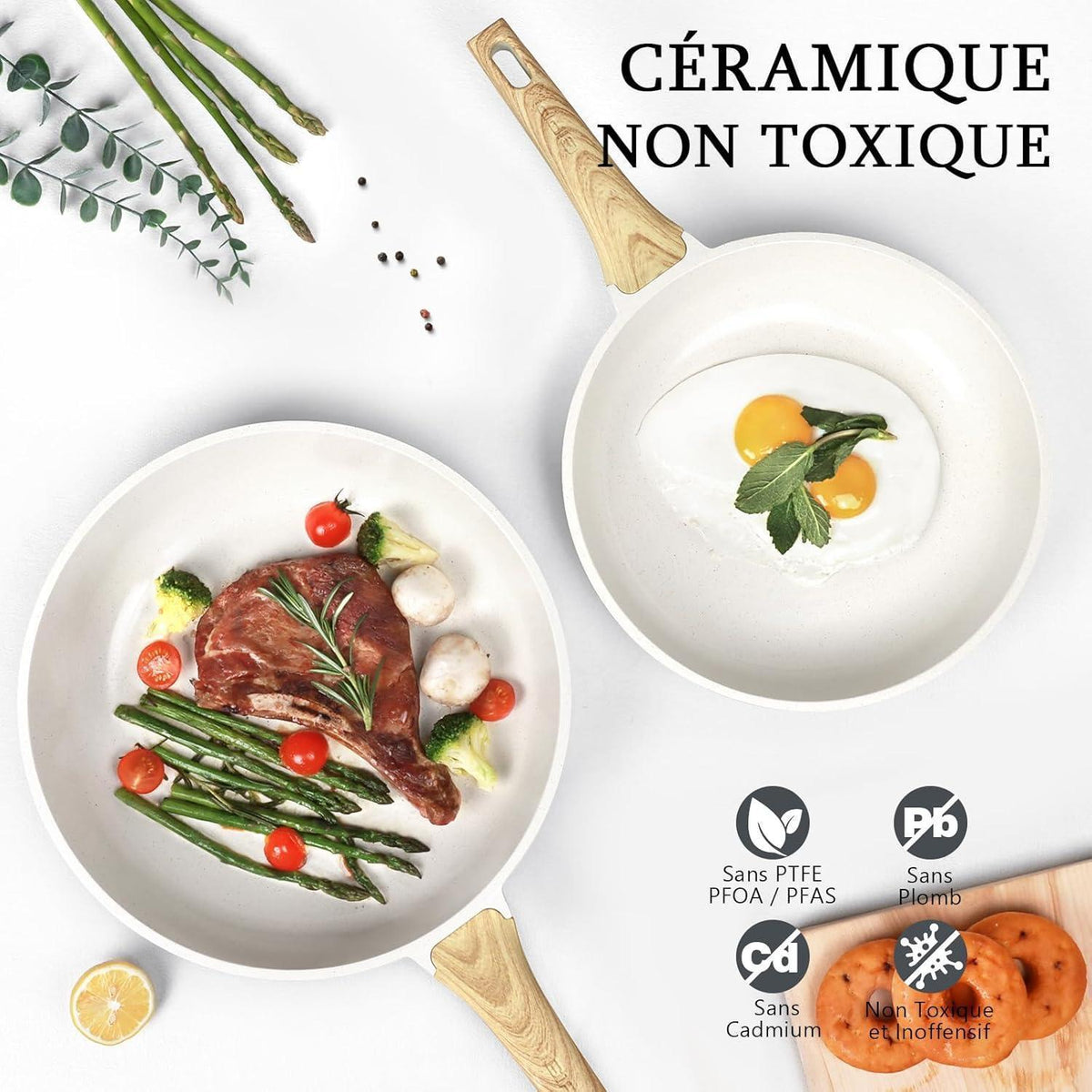 Keramik-Bratpfanne mit Deckel, 26 cm, Induktion, Ungiftig, Weiß