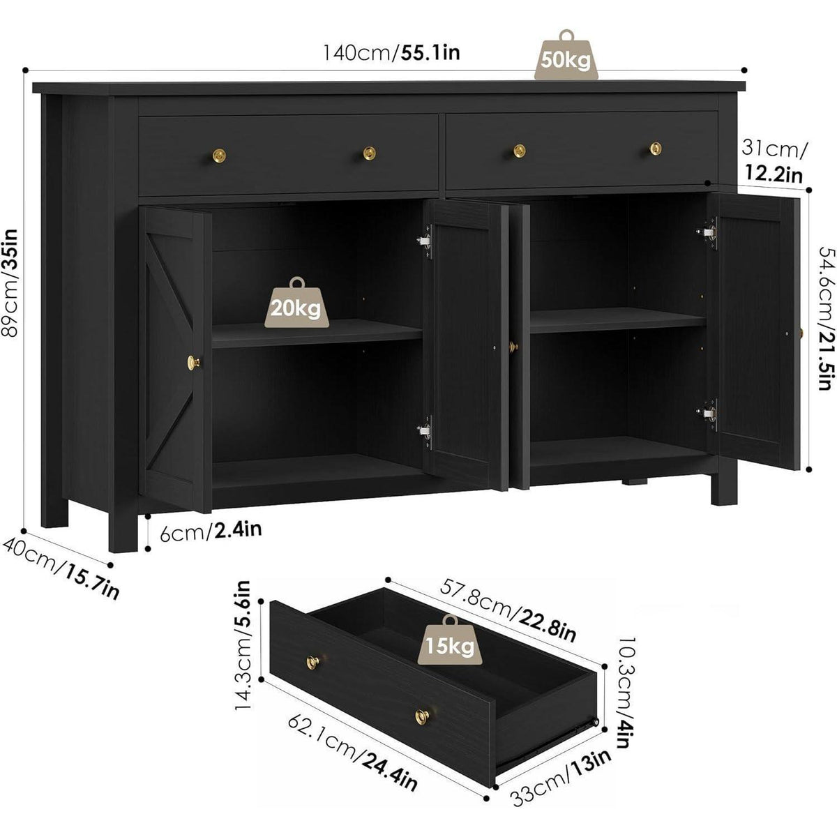 Schwarzes Sideboard 140cm – Küchenbuffet mit Schubladen & Ablagen