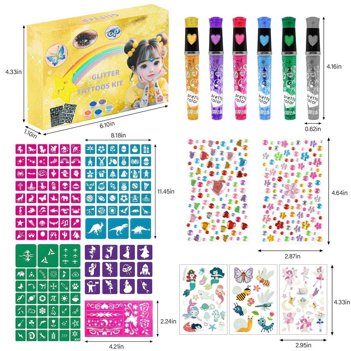 Glitzer Tattoo Set Kinder mit 148 Schablonen & Leucht-Tattoos