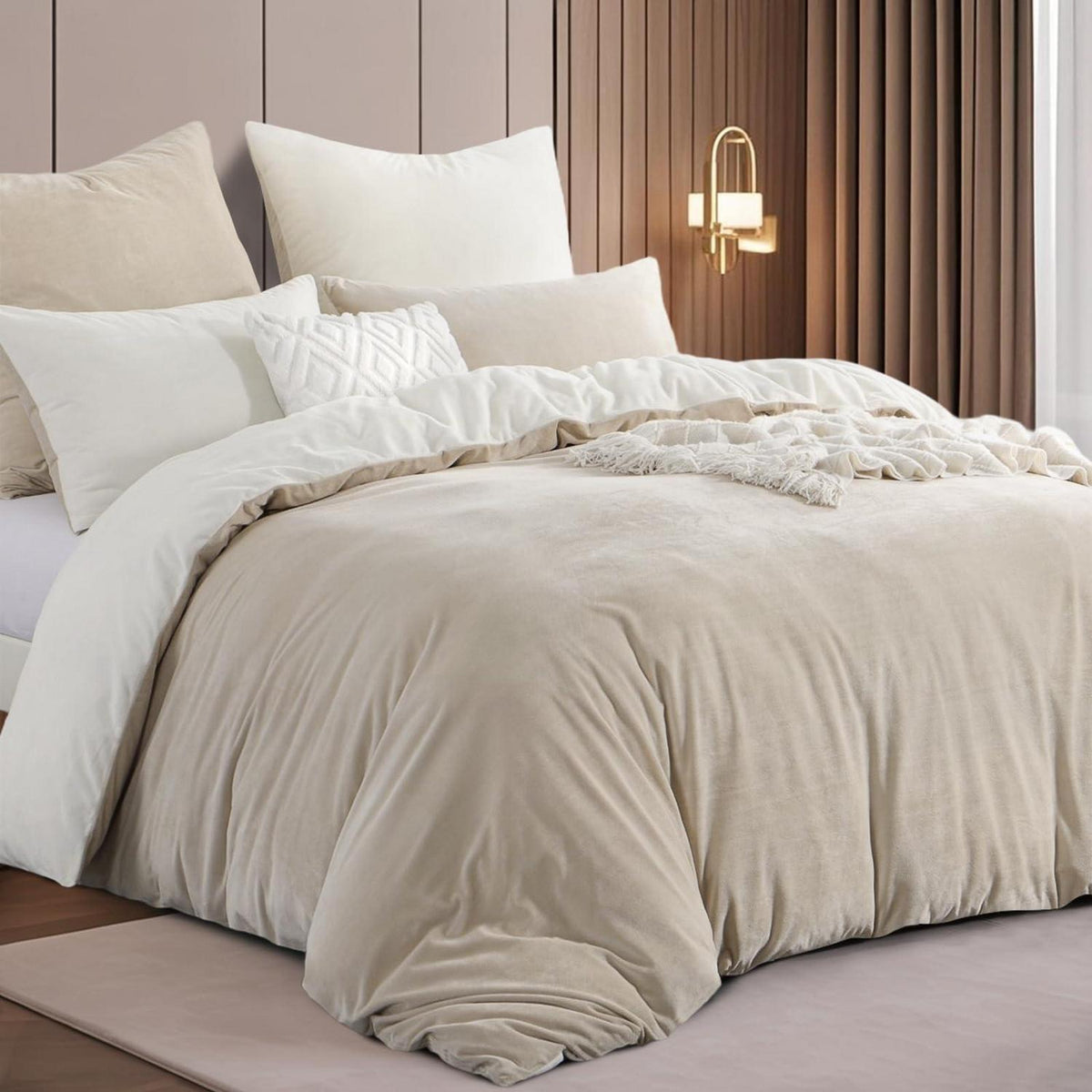 Kuschelige Flanell Bettwäsche 220x240 Beige-Weiß 3-teilig