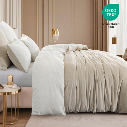 Kuschelige Flanell Bettwäsche 220x240 Beige-Weiß 3-teilig