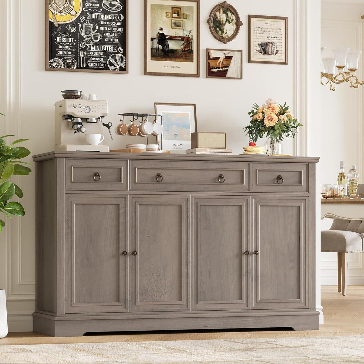 Weißes Sideboard mit 3 Schubladen & 4 Türen – Küchenbuffet 134cm