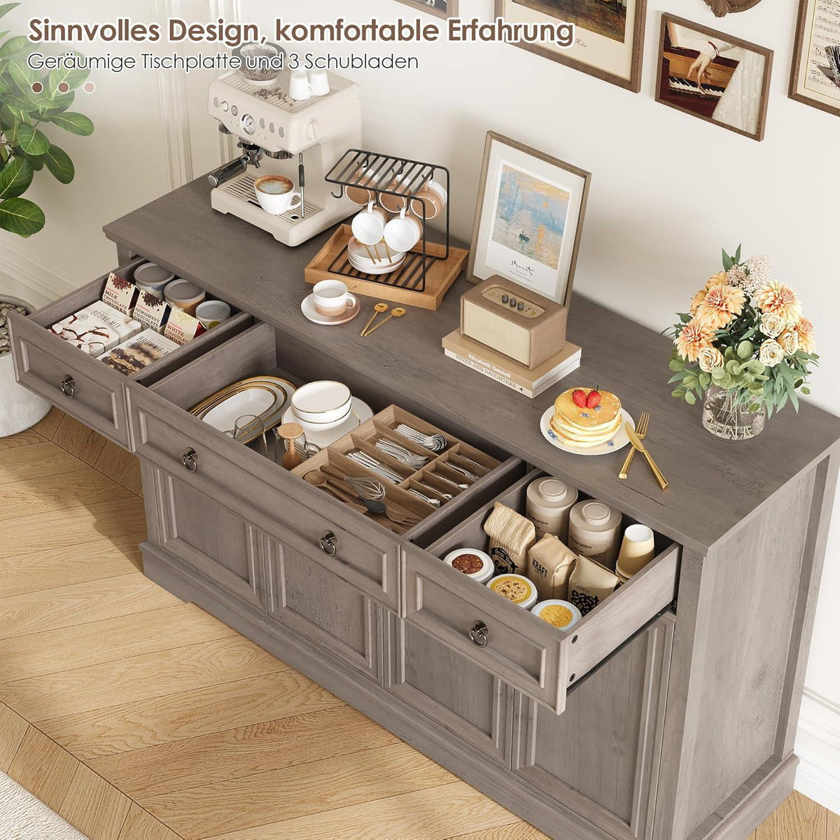 Weißes Sideboard mit 3 Schubladen & 4 Türen – Küchenbuffet 134cm