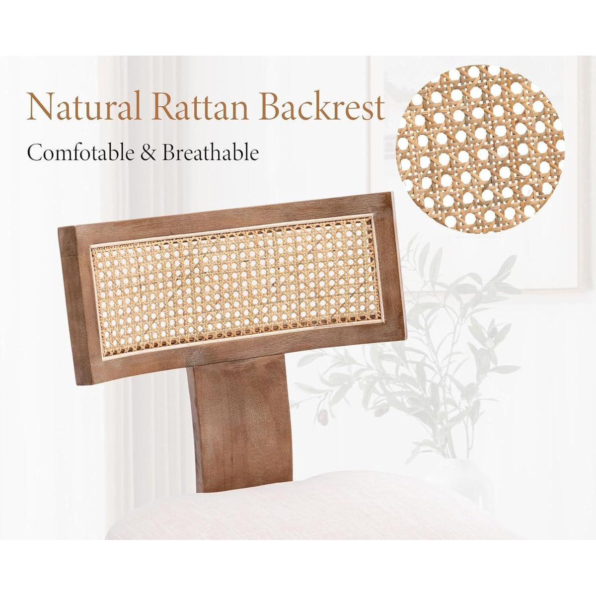 Esszimmerstühle 2er Set Leinen & Rattan Vintage Holzstuhl Beige