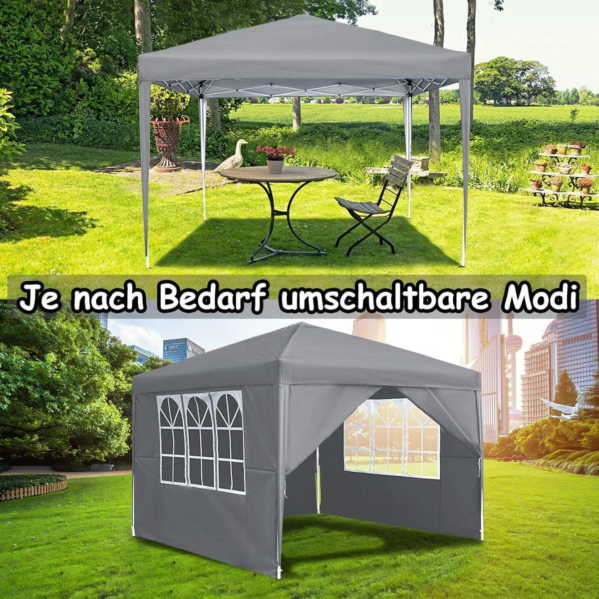Faltpavillon 2,5x2,5m mit Seitenteilen & Fenstern – Grau