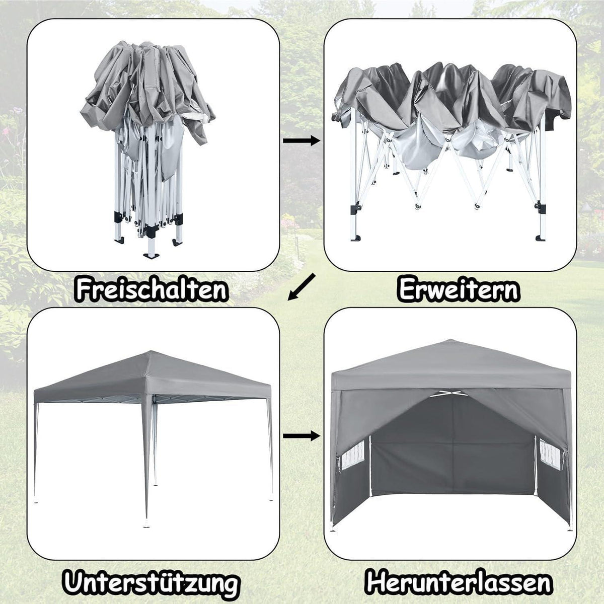 Faltpavillon 2,5x2,5m mit Seitenteilen & Fenstern – Grau
