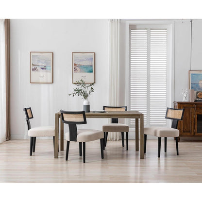 Esszimmerstühle 2er Set Leinen & Rattan Vintage Schwarz