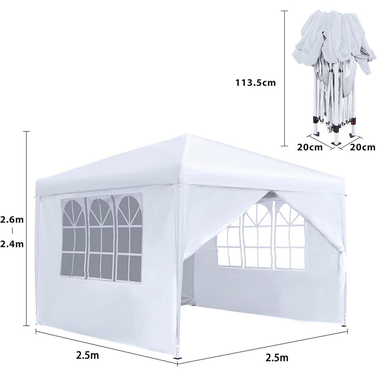 Faltpavillon 2,5x2,5m mit Seitenteilen & Fenstern – Weiß