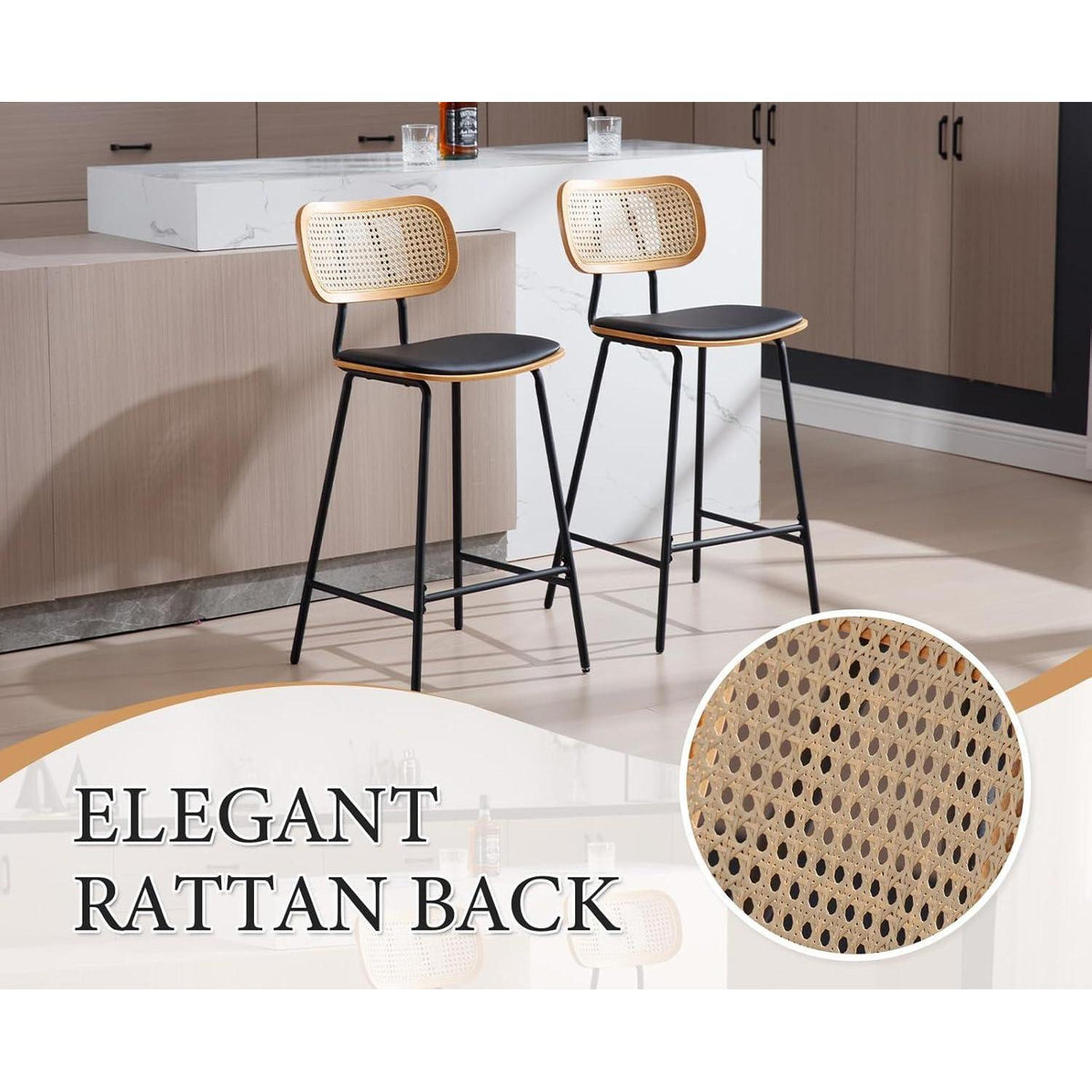 Rattan Barhocker 2er Set mit Sitzfläche Schwarz in Lederoptik