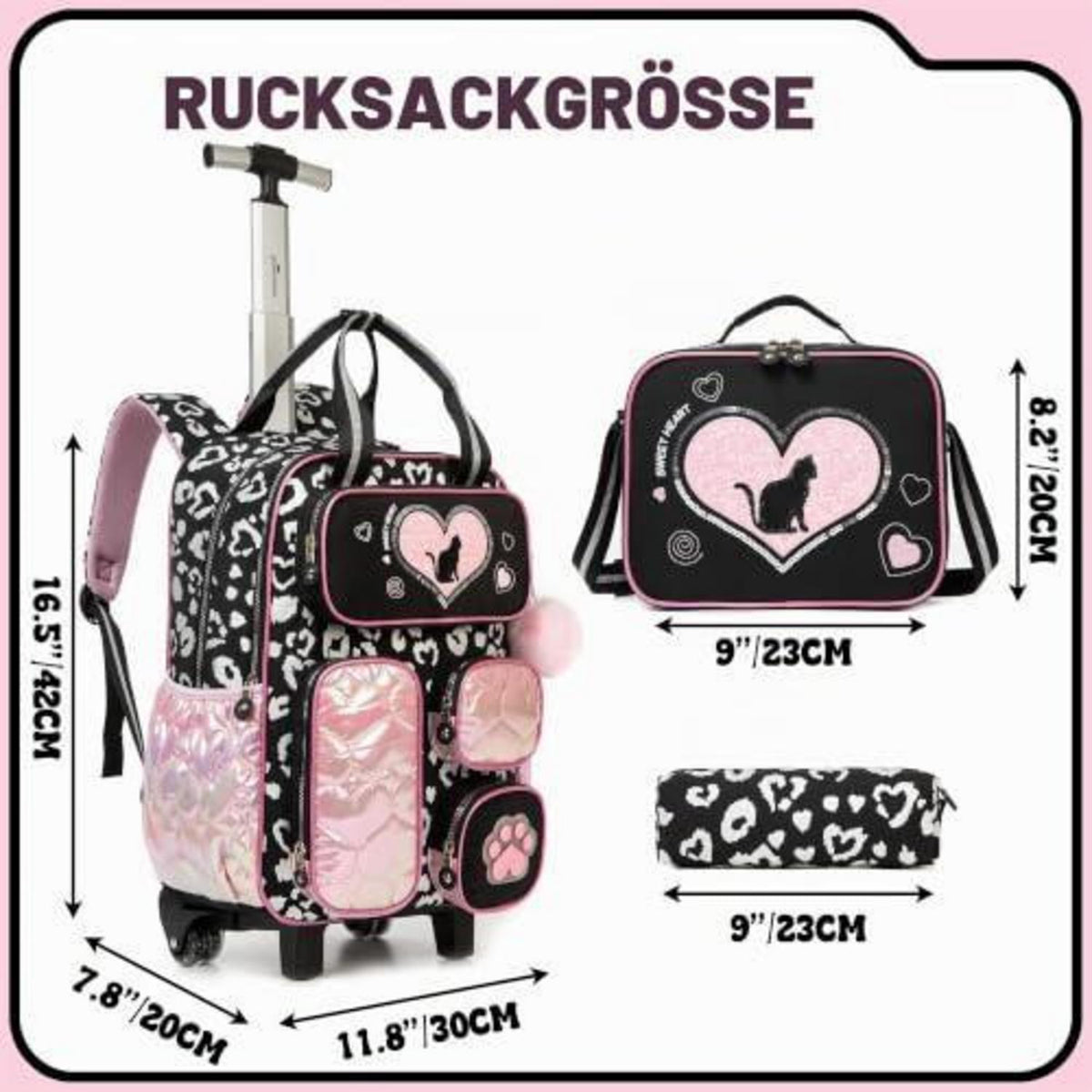 Trolley Rucksack Kinder – Schulrucksack mit Rollen Schwarz & Rosa