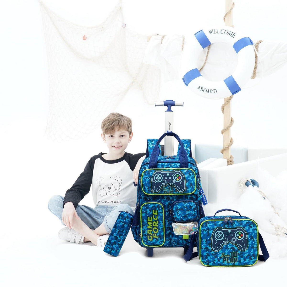 Trolley Rucksack Kinder – Rollen Schulranzen Blau Game